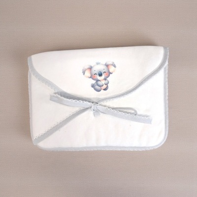 Bolsa branca com bordas cinzentas e desenho de coala sorridente