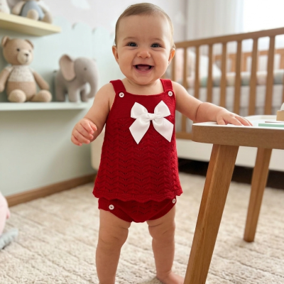 Bebé com roupa vermelha tricotada com laço branco num quarto infantil.