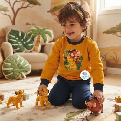 Menino a brincar com figuras do Rei Leão vestindo camisola amarela com estampado do filme