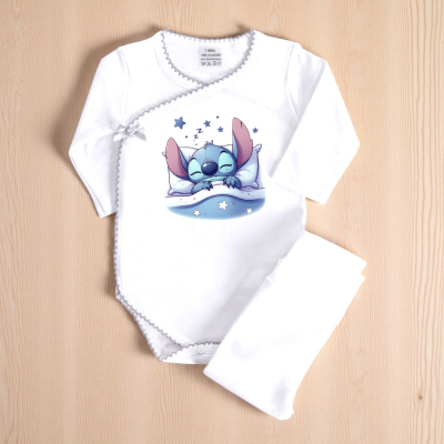 Body branco de bebé com personagem azul a dormir estampado na frente.