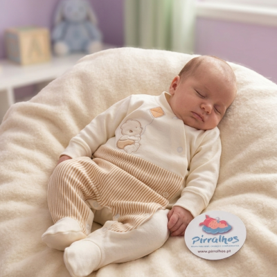 Bebé dormindo em almofada macia com roupa creme e bege e etiqueta Pirralhos.
