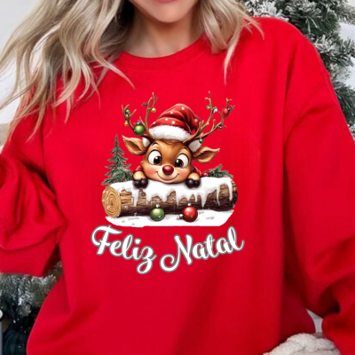 Camisola vermelha com estampa natalícia de rena e texto Feliz Natal
