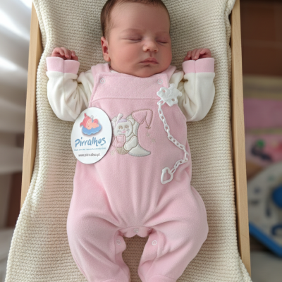 Macacão de bebé cor-de-rosa com ursinho bordado, alfinete branco em tecido macio no berço de madeira
