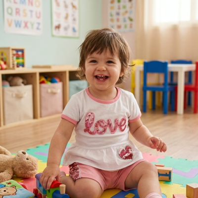 Criança pequena sorridente a brincar sentada num tapete colorido, vestindo t-shirt com a palavra love e shorts cor-de-rosa