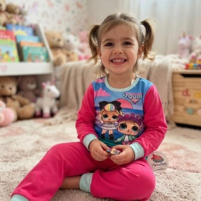 Criança de pijama colorido sentada num tapete num quarto com brinquedos e livros