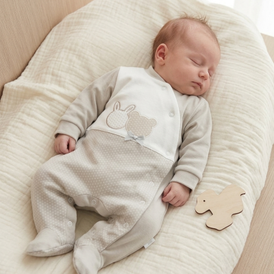 Bebé a dormir num fato cinza claro com desenhos de coelho e urso, deitado numa almofada creme acolchoada com brinquedo de madeira ao lado