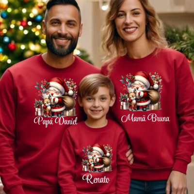 Camisolas vermelhas de Natal com Pai Natal e textos personalizados para família