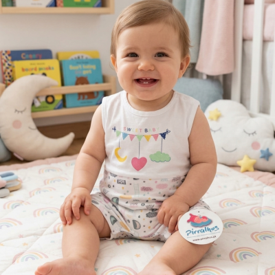 Bebé vestido com macacão branco estampado sentado numa manta com padrão de arcos-íris