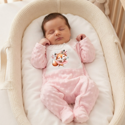 Bebé adormecido de roupa cor-de-rosa com raposa estampada deitado em cama creme de croché