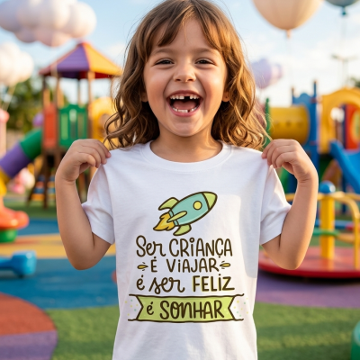 Menina sorridente com camisola branca estampada num parque infantil colorido