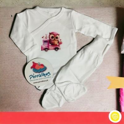 Conjunto branco de bebé com coruja rosa e camião cor-de-rosa, feito de algodão macio