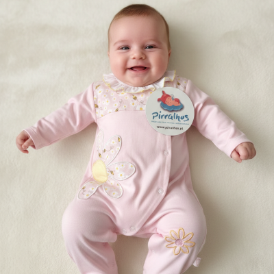 Bebé sorridente deitado com macacão rosa claro com flores, com etiqueta Pirralhos