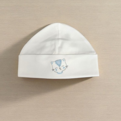 Gorro branco de algodão para bebé com desenho de gato azul e cinza