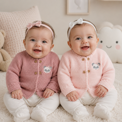 Dois bebés com camisolas de malha rosa e rosa claro sentados num tapete felpudo branco
