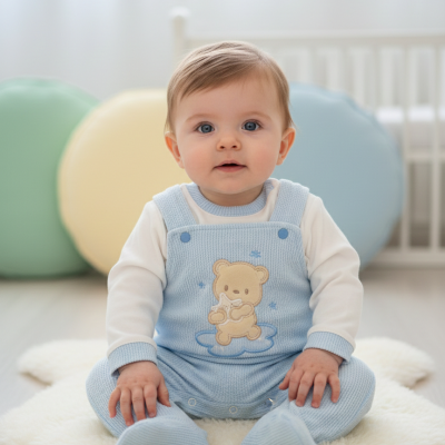 Bebé com jardineira azul clara e camisa branca sentado em tapete branco felpudo com almofadas coloridas e berço ao fundo