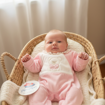 Bebé vestido de rosa com ursinho bordado, deitado em cesta de verga com manta branca e etiqueta Pirralhos.