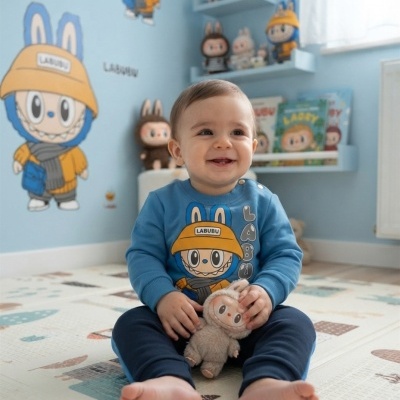 Bebé sentado no chão com camisola azul e peluche cinzenta num quarto azul decorado com coelhos.