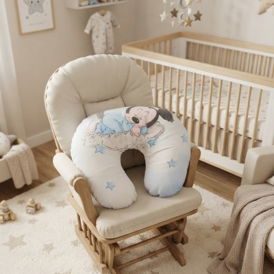 Quarto de bebé com cadeira de amamentação e almofada com estampa de bebé a dormir