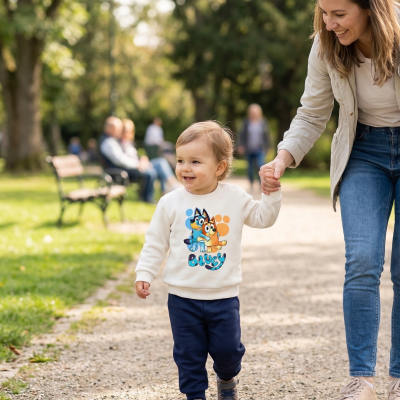 Criança a andar num parque com roupa casual e estampa BLUEY na t-shirt.