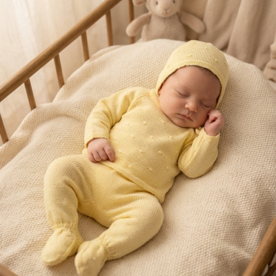 Bebé a dormir vestido com macacão e gorro amarelos de malha numa cama de madeira com almofada e manta bege, com brinquedo de ovelha ao fundo.