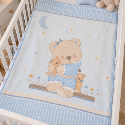 Cobertor de bebé azul com ursinho e cama branca