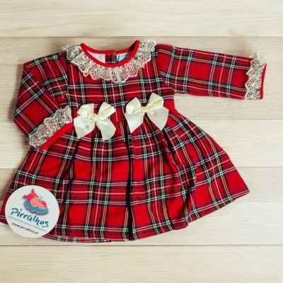 Vestido infantil vermelho xadrez com renda e laços creme