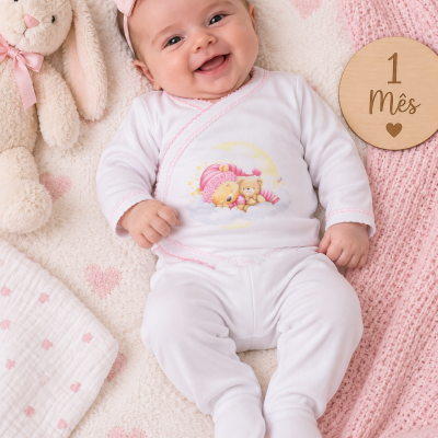 Bebé sorridente com roupa branca com ursinhos, fita cor-de-rosa, peluche coelho creme e placa 1 Mês ♥