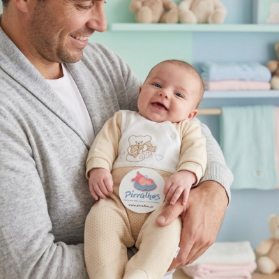 Bebé com macacão bege claro com ursinho, segurado por adulto com camisola cinza, em quarto infantil com brinquedos e toalhas