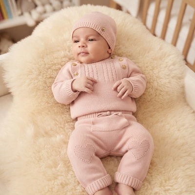 Bebé vestido com roupa de malha rosa claro a dormir sobre manta peluda creme.