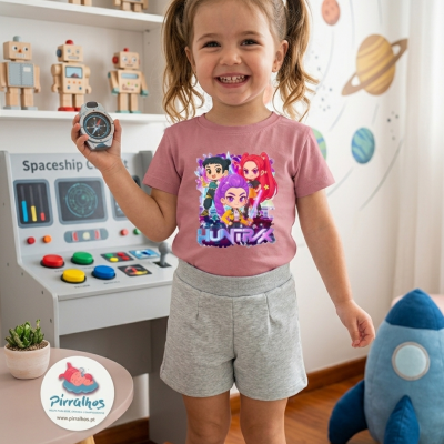 Menina sorridente com camisola rosa com personagens animados e calções cinzentos em quarto infantil com brinquedos e decoração de planetas