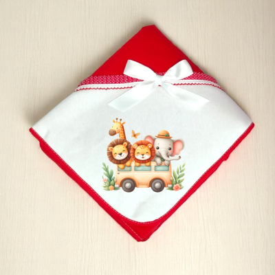 Fralda vermelha e branca com laço e desenho de comboio com animais selvagens
