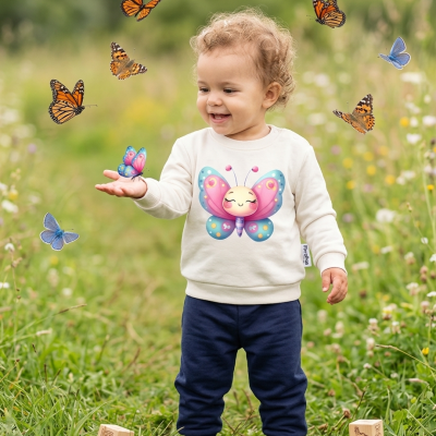 Criança com sweat branco estampado de borboleta e calças azuis num campo verde com borboletas coloridas