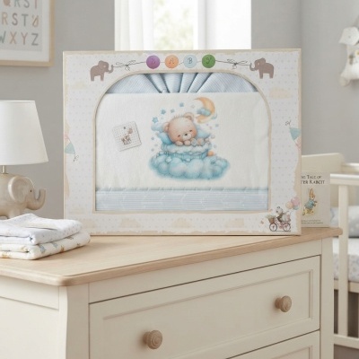 Conjunto de roupa de bebé azul claro e branco com ursinho em nuvens numa caixa, sobre cómoda creme num quarto infantil