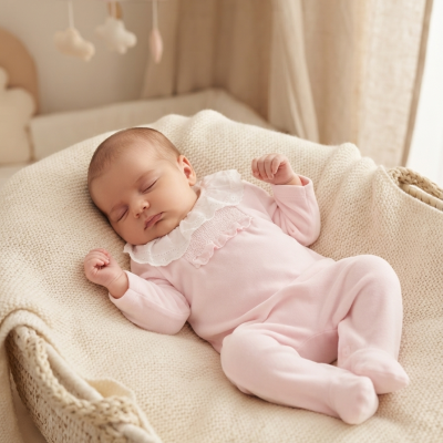 Bebé a dormir em babygrow rosa com renda branca, em cama com manta bege e berço de palha.