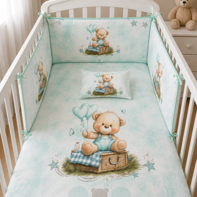 Berço branco com roupa de cama azul clara e ursinho desenhado