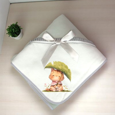 Manta de bebé branca com laço e estampa de gato com guarda-chuva verde