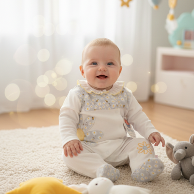 Bebé sorridente de macacão branco com estampado de margaridas em tapete com brinquedos peluche