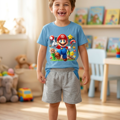Camisola azul com estampa do Mario usada por criança sorridente num quarto infantil