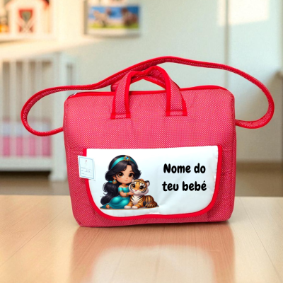 Bolsa vermelha com desenho de personagem e tigre e texto personalizável