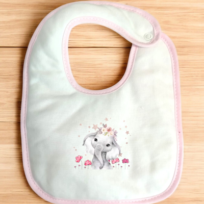 Babete branco com bordas rosa e elefante desenhado no centro