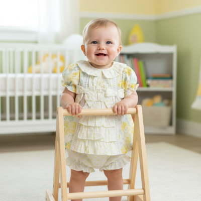 Bebé em vestido floral segurando estrutura de madeira num quarto infantil.