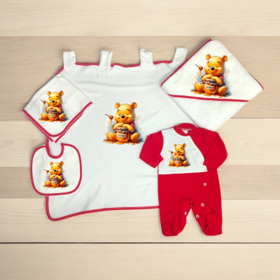 Conjunto de roupa e acessórios para bebé com estampa de ursinho amarelo e vermelho