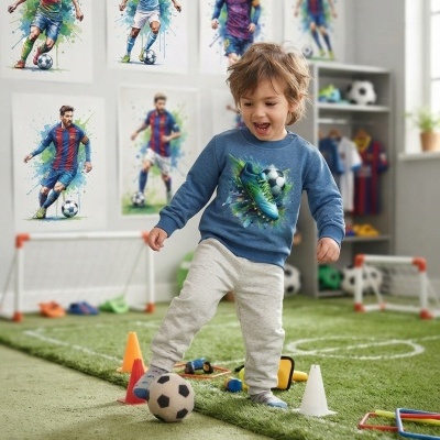 Criança com camisola azul com estampa de chuteira e bola e calças cinza jogando com bola num quarto decorado com posters de futebol