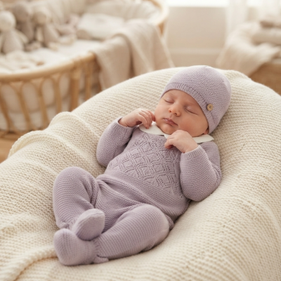 Bebé a dormir com roupa de malha lilás numa almofada bege