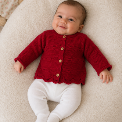 Bebé sentado em almofada creme com casaco vermelho e leggings brancas