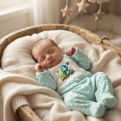 Bebé dorme numa cama de madeira com pijama azul claro e estampa de dinossauro