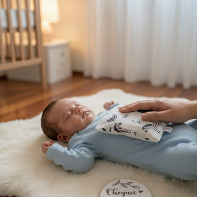 Bebé de pijama azul em tapete branco com almofada de zebras e placa Cheguei MUNDO