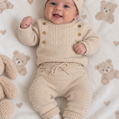 Bebé a sorrir vestido com roupa de malha bege e gorro, deitado sobre manta com ursinhos e corações.