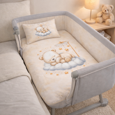 Berço de bebé cinzento com roupa de cama bege com ursinho a dormir em nuvem e estrela.
