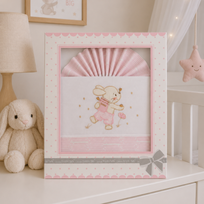 Conjunto de roupa de cama rosa e branco com bordado de coelho em caixa decorativa